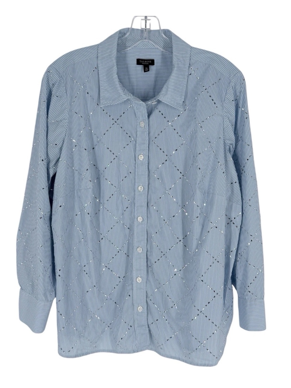 Talbots Cotton Blouse Womens Size 1X P Blue Stripe Crystal Bling Button Front